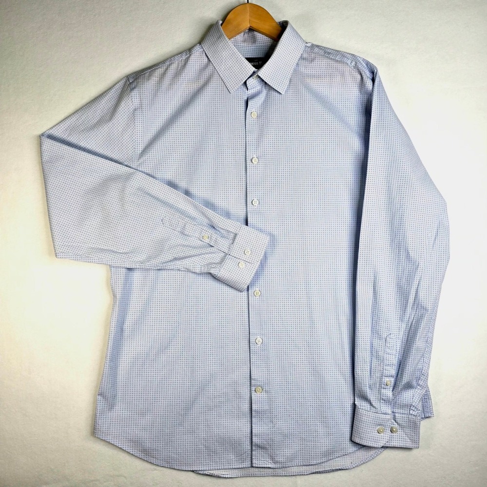 Express 1MX Slim Fit Shirt Mens Large Blue Geometric Stretch Cotton Dress Shirt